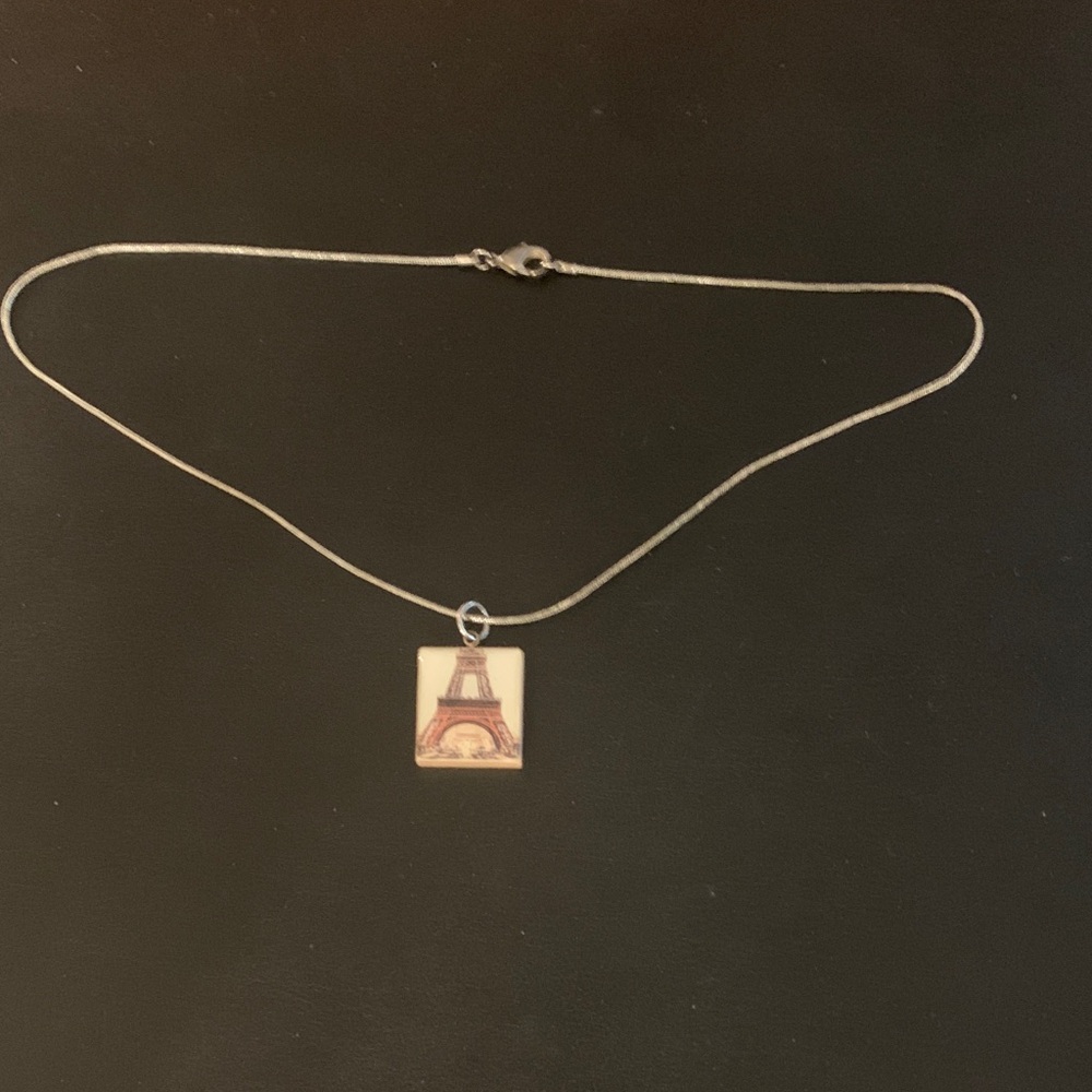 Elegant Silver Eiffel Tower Pendant Necklace on a Scrabble Tile